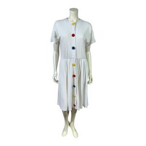 Vintage 90s White Cotton Dress with Rainbow Button Detail